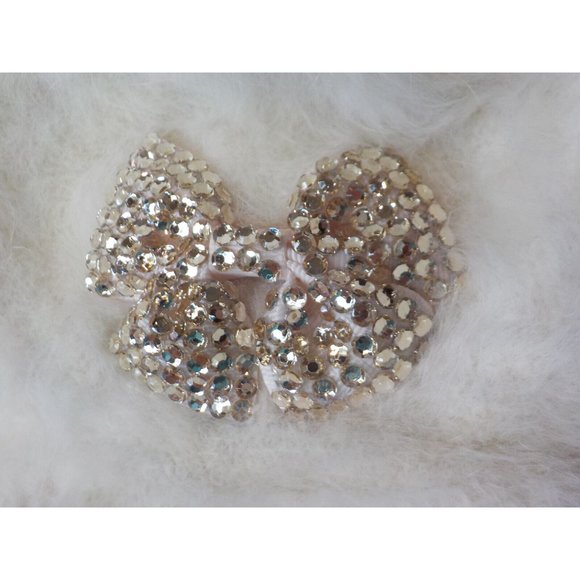 Vintage 100% Angora Fur Hat Beanie Rhinestone Bow Ivory Off White - Picture 5 of 6